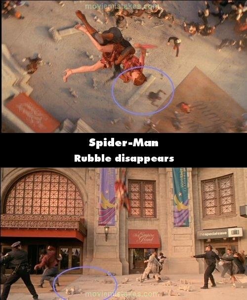 Phim Spider – Man, cảnh Mary Jane rơi từ trên ban công, từ trên nhìn xuống, có 2 thanh ngang trên mặt đất, tuy nhiên, từ dưới đất nhìn lên, 2 vật thể này đã không cánh mà bay